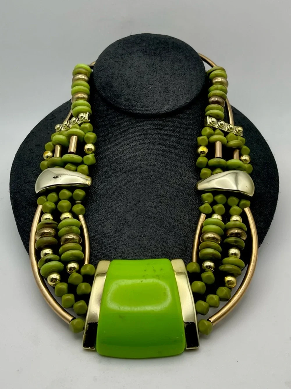 Vibrant Lime Green and Polished Gold Tone Multi Strand Statement Bib Necklace - Picture 8 of 15